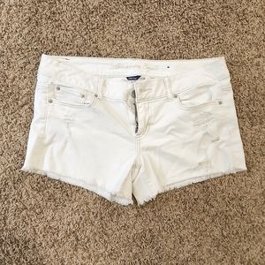 Size 10, American Eagle white denim shorts, distressed, stretch